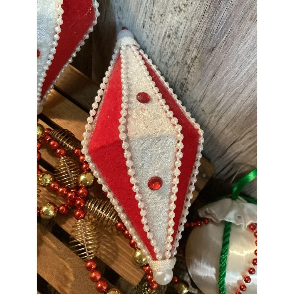 Satin & Lace Handmade Ball Christmas Tree Ornaments & Felt Diamond Shaped Decor